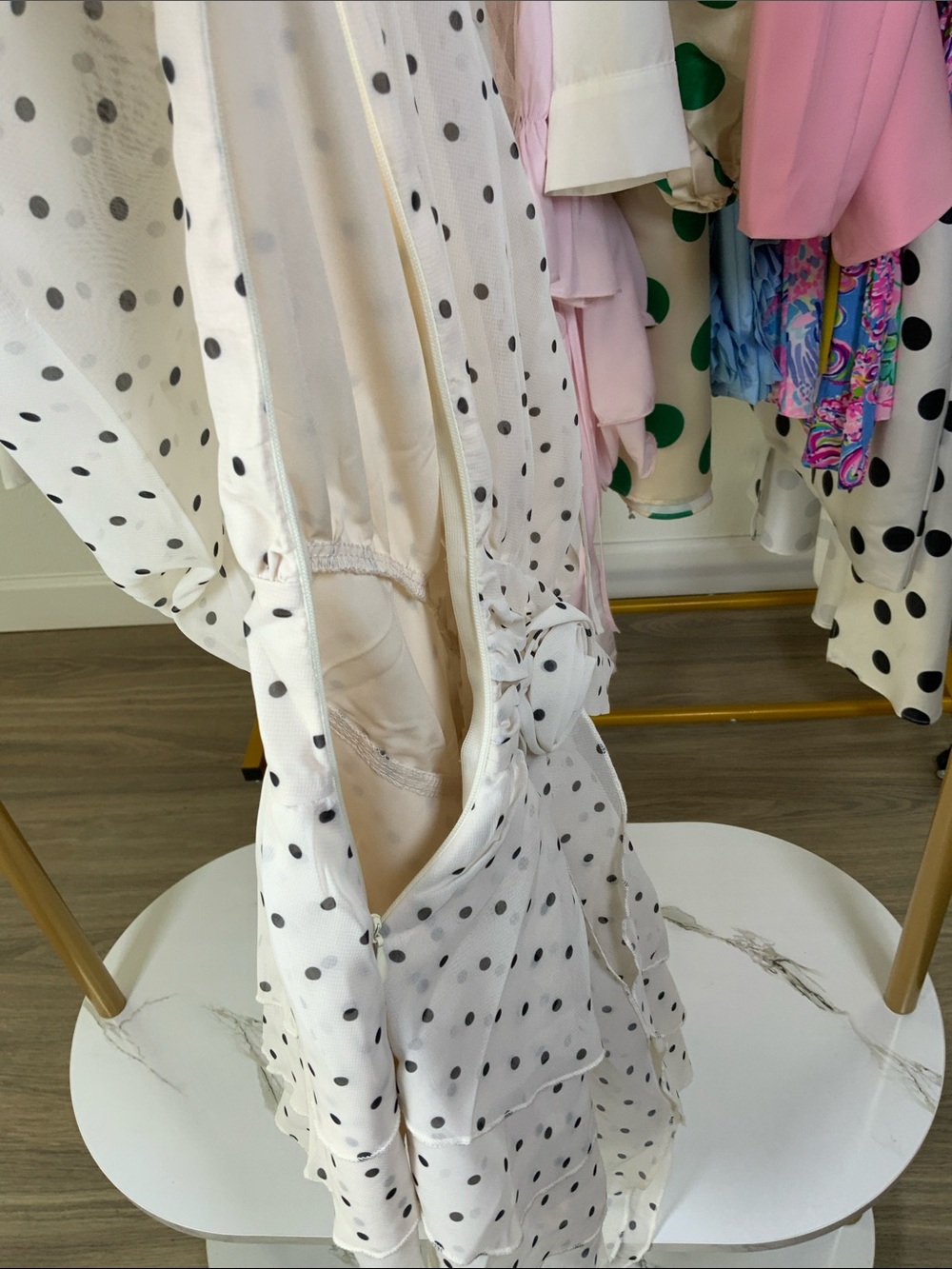 Girls' Cream Polka Dot Tiered Dress with Belt - Picture 16 of 16